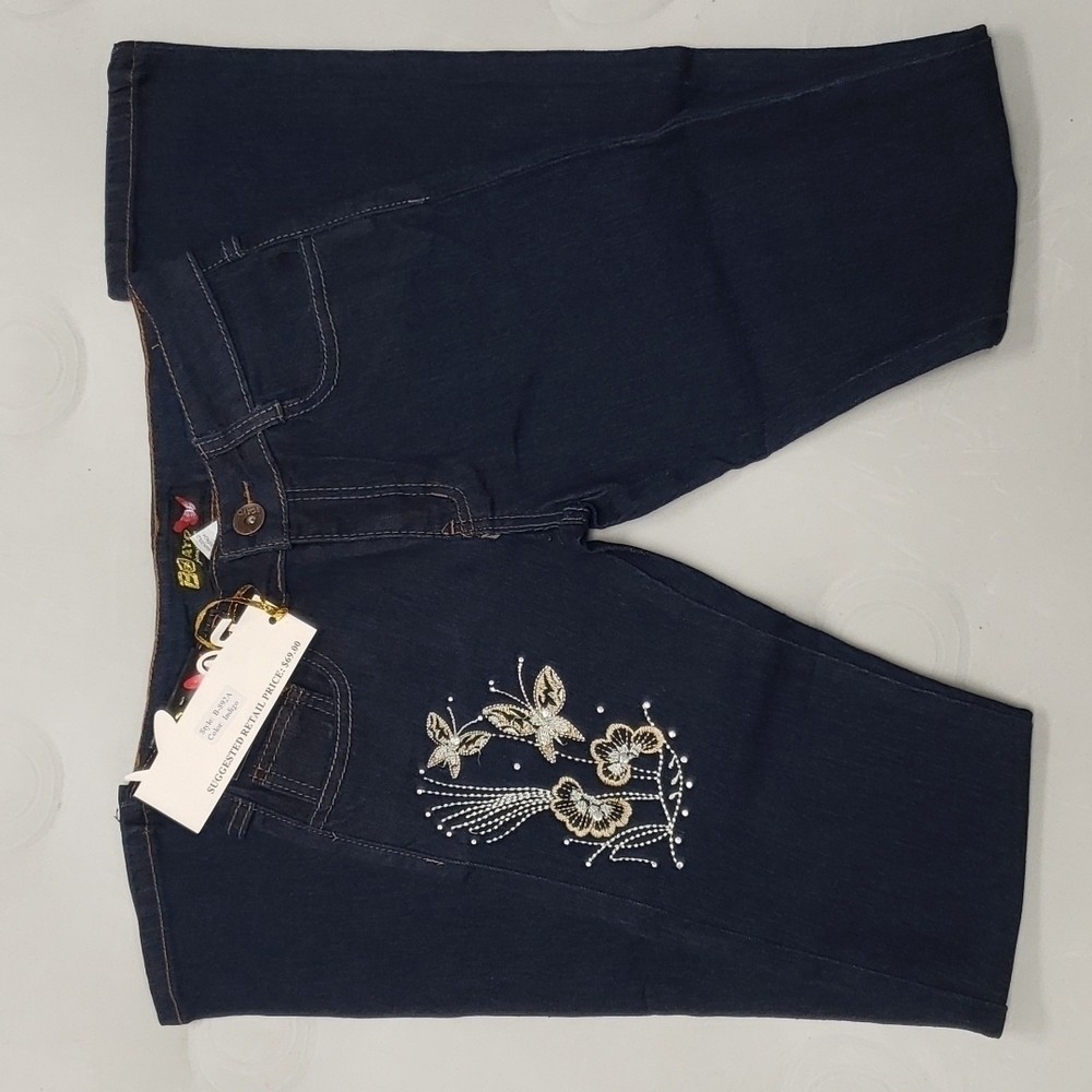 NWT Size 1 Dark Denim Floral Design Straight Leg Jeans